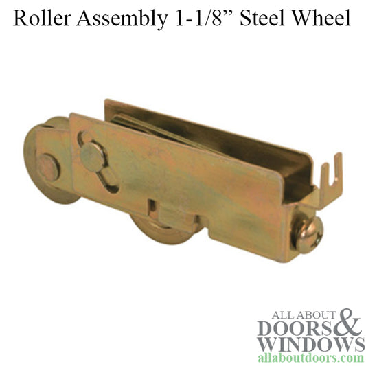Sliding Door Dual Wheel Roller Assembly with Adjustable Steel C Tab Housing  1.125 Inch Tandem Steel Ball Bearing Wheel Diameter