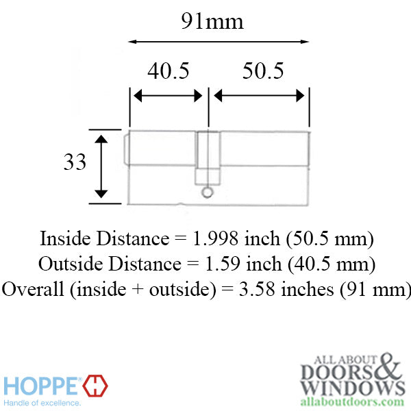 50.5 / 40.5 HOPPE 90° Non-Logo Keyed Profile Cylinder Lock - 50.5 / 40.5 HOPPE 90° Non-Logo Keyed Profile Cylinder Lock