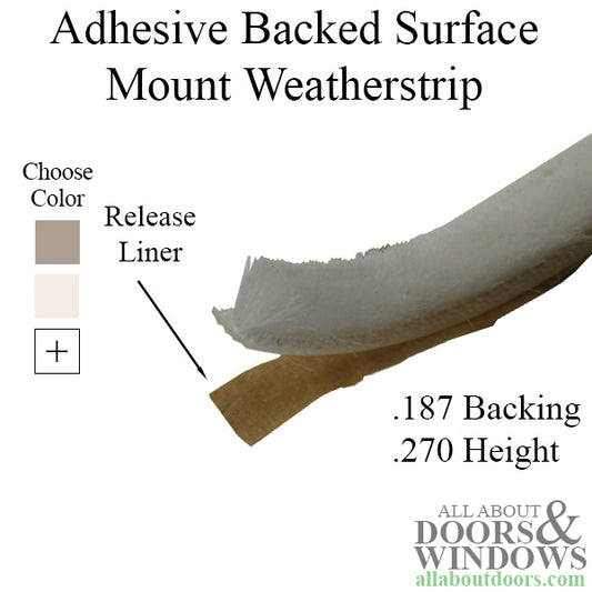 Adhesive Back Surface-Mount Weatherstrip .187" x .270" Pile with Fin Seal - Choose Color