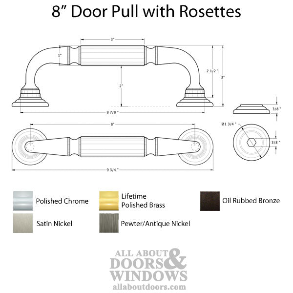 8'' Door Pull with Rosette, Solid Brass - Choose Finish - 8'' Door Pull with Rosette, Solid Brass - Choose Finish