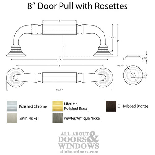 8'' Door Pull with Rosette, Solid Brass - Choose Finish - 8'' Door Pull with Rosette, Solid Brass - Choose Finish