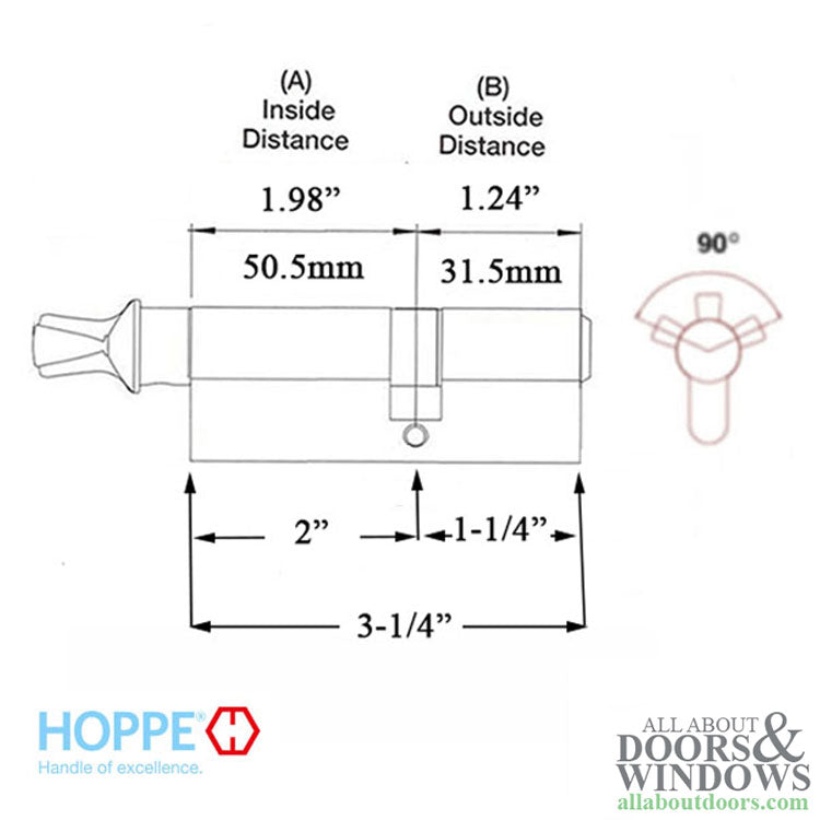 50.5/31.5  Hoppe 86mm Euro Profile Full Cylinder with 90° Turn, C-Knob - 50.5/31.5  Hoppe 86mm Euro Profile Full Cylinder with 90° Turn, C-Knob