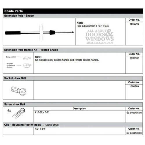 Extension Pole, Pleated Shade Roof Window - Aluminum - Extension Pole, Pleated Shade Roof Window - Aluminum