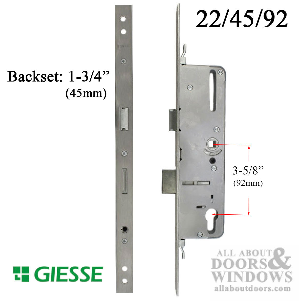 22mm Giesse 45mm Door Lock with Deadbolt 92mm PZ - 22mm Giesse 45mm Door Lock with Deadbolt 92mm PZ