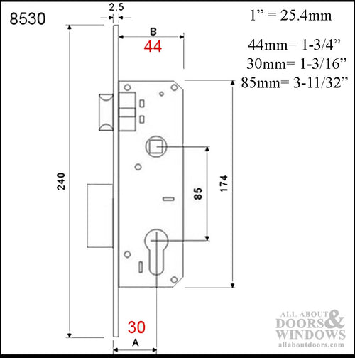 SLIMLINE mortise lock set, 30mm  Backset - Silver - SLIMLINE mortise lock set, 30mm  Backset - Silver