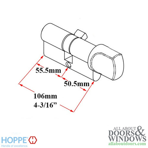 50.5/55.5 Hoppe 106mm Euro 90° Profile cylinder, small thumb turn -  Stainless Steel - 50.5/55.5 Hoppe 106mm Euro 90° Profile cylinder, small thumb turn -  Stainless Steel