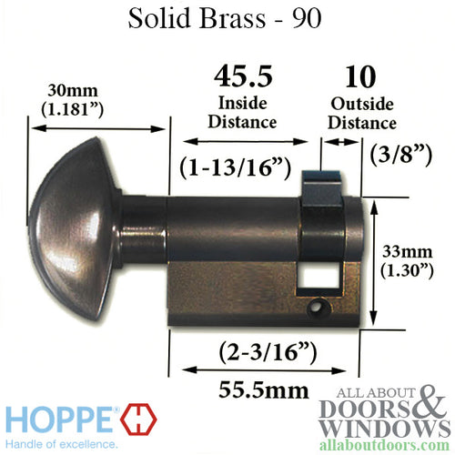 45.5/10 New Style HOPPE Non-Logo 90° Non-Keyed Profile Cylinder Lock, Brass, Choose Color - 45.5/10 New Style HOPPE Non-Logo 90° Non-Keyed Profile Cylinder Lock, Brass, Choose Color