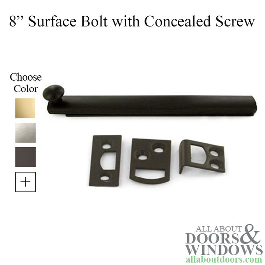 8" Concealed Screw Surface Bolt, Brass - Choose Finish