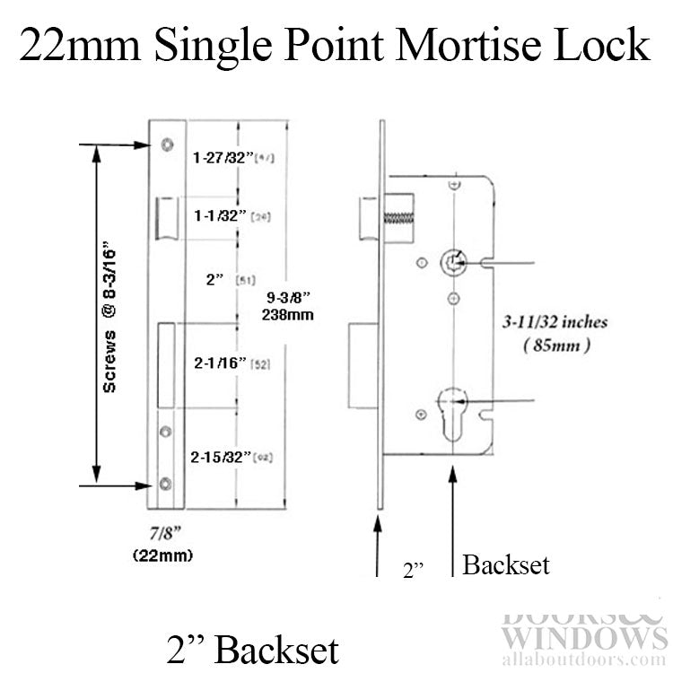 22mm Single Point Mortise Lock Only  50/85 - Choose Color - 22mm Single Point Mortise Lock Only  50/85 - Choose Color