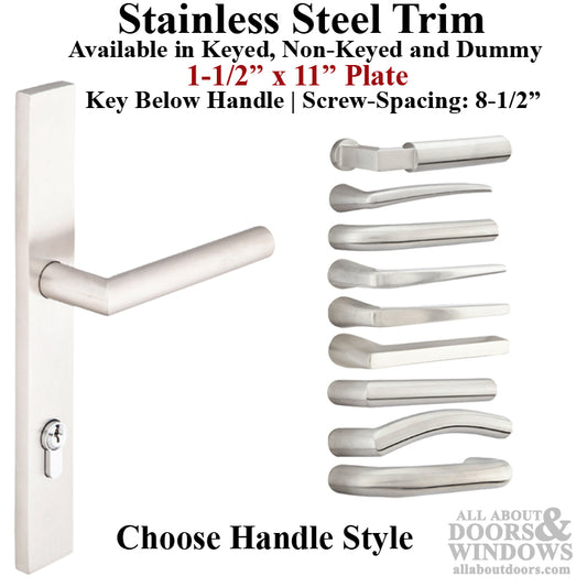 Multipoint Lock Trim, 1-1/2 x 11 Plate, Stainless Steel Handle set  - Choose Handle Lever