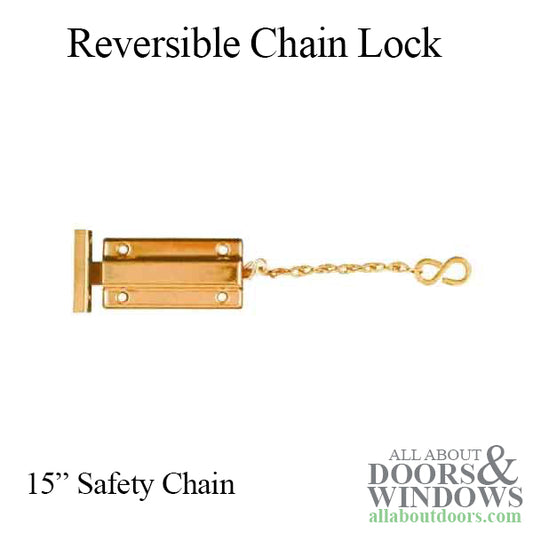 Reversible safety chain lock, 3" lock, 15" chain, Bright Brass