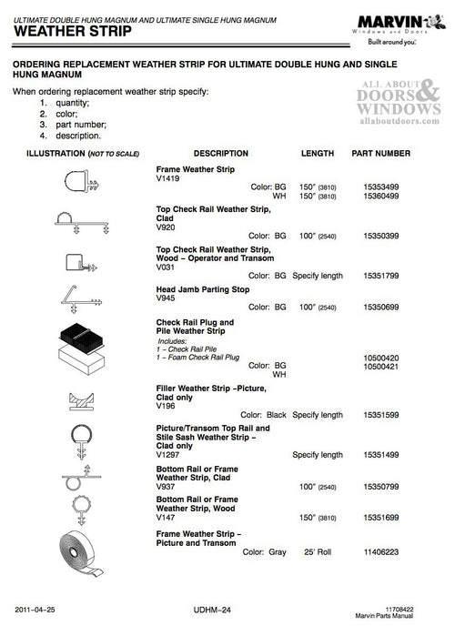 Marvin Single & E-Z Tilt Double Hung, Tilt Pac Weatherstrip V116 - White - Marvin Single & E-Z Tilt Double Hung, Tilt Pac Weatherstrip V116 - White