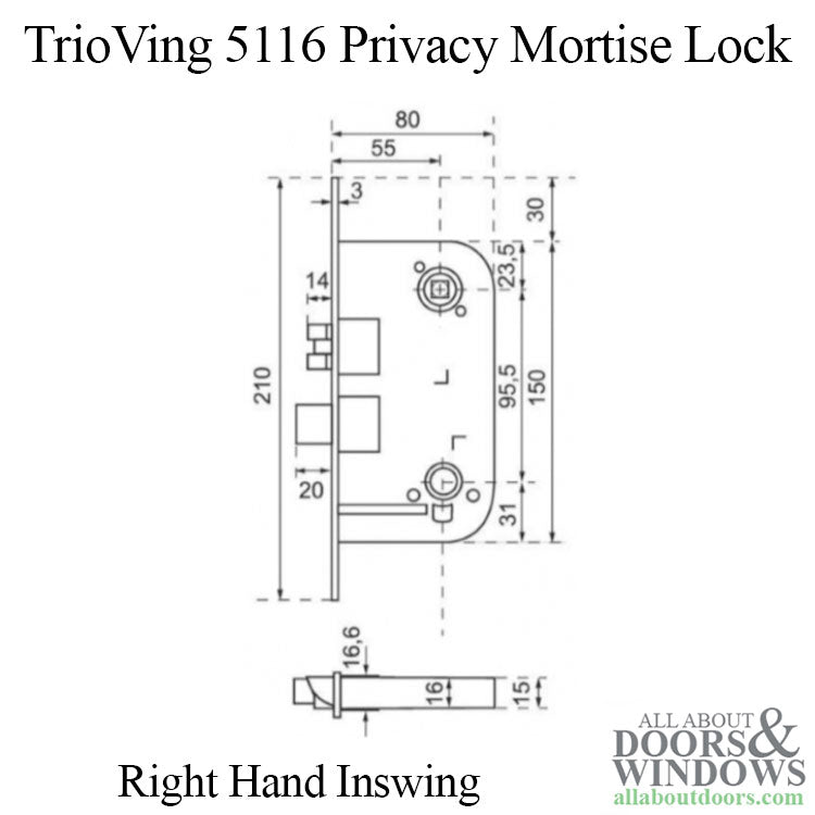 TrioVing 5116 Privacy Mortise Lock, Right Hand Inswing- Left Hand Lock - TrioVing 5116 Privacy Mortise Lock, Right Hand Inswing- Left Hand Lock