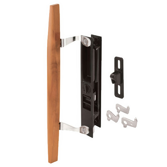 Keyed Door Handle Mid-Body Hook Flush Mount Handle Set for Sliding Patio Door Diecast Latch with Wood Pull Handle