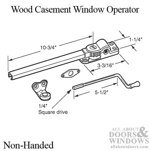 Operator, Casement, Wood, 10-3/4” Arm, 1/4” Sq. Drive, Non-Handed., Brass Plate, Boxed
