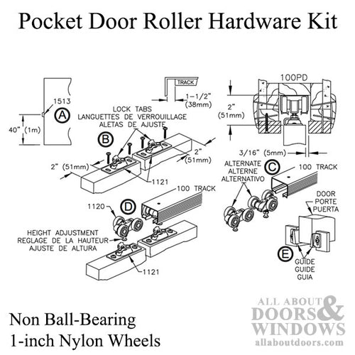 Non Ball-Bearing Pocket Door Roller Hardware, 1-inch Wheels - Non Ball-Bearing Pocket Door Roller Hardware, 1-inch Wheels