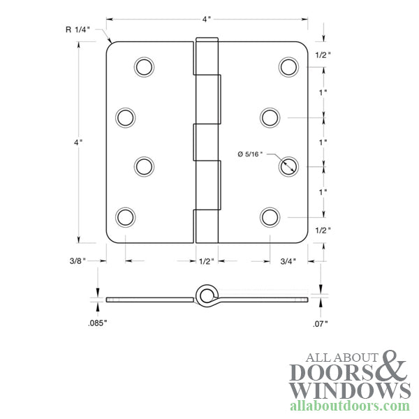 4 x 4 x 1/4 Radius Steel Hinge Residential, Pair - 4 x 4 x 1/4 Radius Steel Hinge Residential, Pair