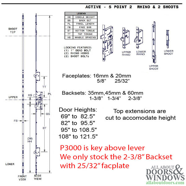 Amesbury Multi-Point Lock P3000 Active 5-Point Rhino Hook and Shootbolts 60mm Backset - Amesbury Multi-Point Lock P3000 Active 5-Point Rhino Hook and Shootbolts 60mm Backset