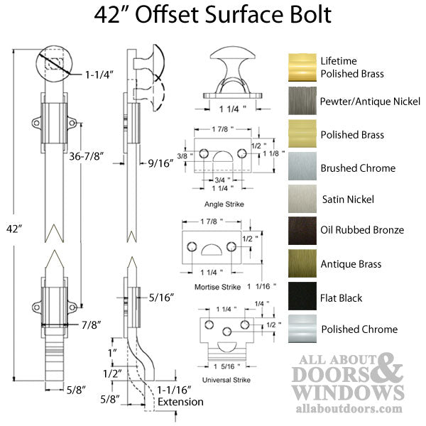 42'' Offset Flush Bolt, Heavy Duty Brass - Choose Finish - 42'' Offset Flush Bolt, Heavy Duty Brass - Choose Finish