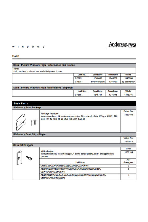 Andersen Window Stationary Sash Package, PS Improved/E-Z Casement Windows (1999-present) - Andersen Window Stationary Sash Package, PS Improved/E-Z Casement Windows (1999-present)