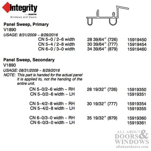 Integrity by Marvin Hinged Door Sweep,  V1890 Weatherstrip for Primary 3-0 Door - Integrity by Marvin Hinged Door Sweep,  V1890 Weatherstrip for Primary 3-0 Door