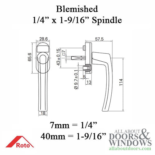 Roto  NT Standard Tilt Turn Handle, Interior with 7 x 40mm Spindle - Roto  NT Standard Tilt Turn Handle, Interior with 7 x 40mm Spindle