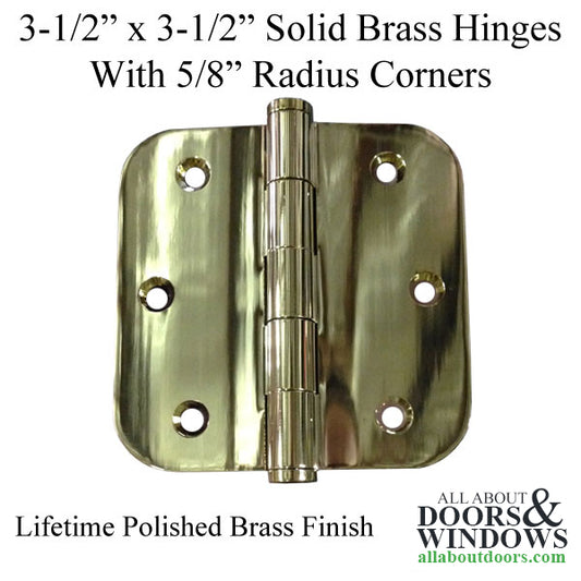 3.5 x 3.5 inch, 5/8 Radius Corner, Solid Brass Hinges, Pair, Lifetime Polished Brass