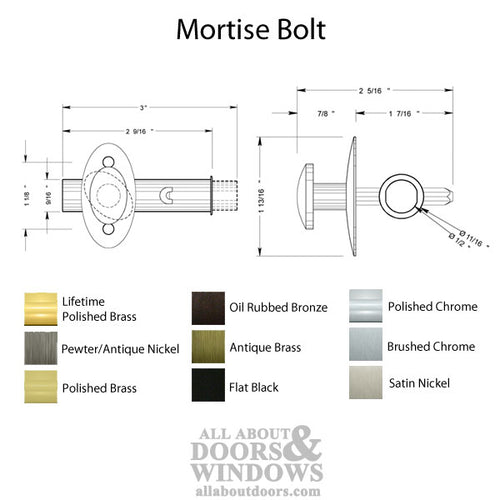 Mortise Bolt, 1-3/4'' Backset, Sold Brass - Choose Finish - Mortise Bolt, 1-3/4'' Backset, Sold Brass - Choose Finish