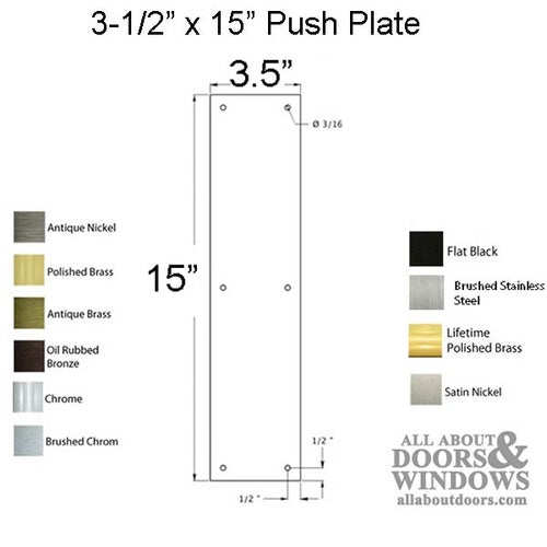 3-1/2 x 15 Push Plate, Solid Brass - Choose Finish - 3-1/2 x 15 Push Plate, Solid Brass - Choose Finish