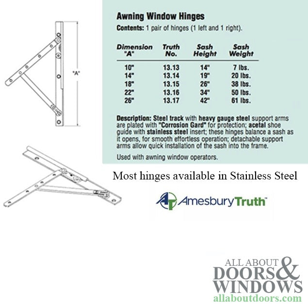 Truth 13.16 Awning Window Hinge and Track, Pairs 22