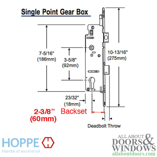 Hoppe Mortise Lock with 1 Inch Deadbolt, 60/92 SPL, Rotation Limiter - Hoppe Mortise Lock with 1 Inch Deadbolt, 60/92 SPL, Rotation Limiter