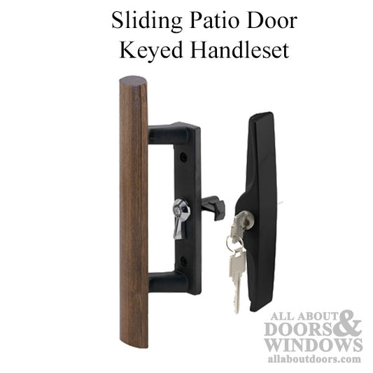 Keyed Sliding Patio Door Handle - Black Metal With Wood Trim, 3-1/2 inch Hole Center