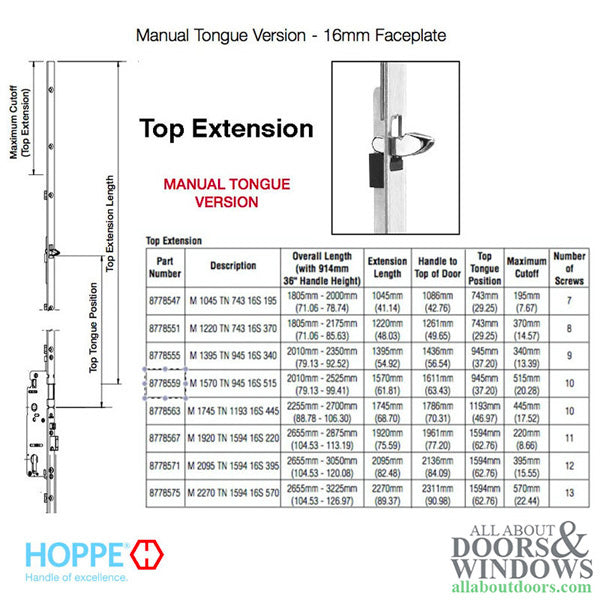 Hoppe 16mm Manual Top Extension, Tongue at 37.20