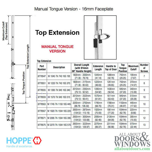 Hoppe 16mm Manual Top Extension, Tongue at 37.20