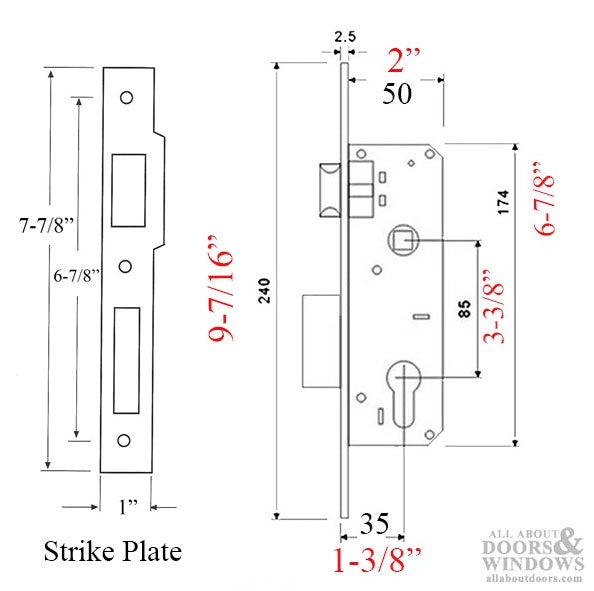 Slimline Storm Door Mortise Lock and Strike Plate 35mm Backset - Slimline Storm Door Mortise Lock and Strike Plate 35mm Backset