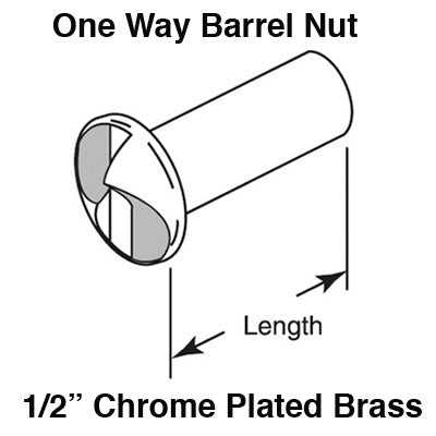 One Way Barrel Nut - 1/2 Inch Chrome Plated Brass - One Way Barrel Nut - 1/2 Inch Chrome Plated Brass