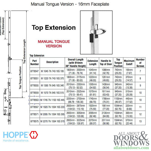 Hoppe 16mm Manual Top Extension, Tongue at 46.97