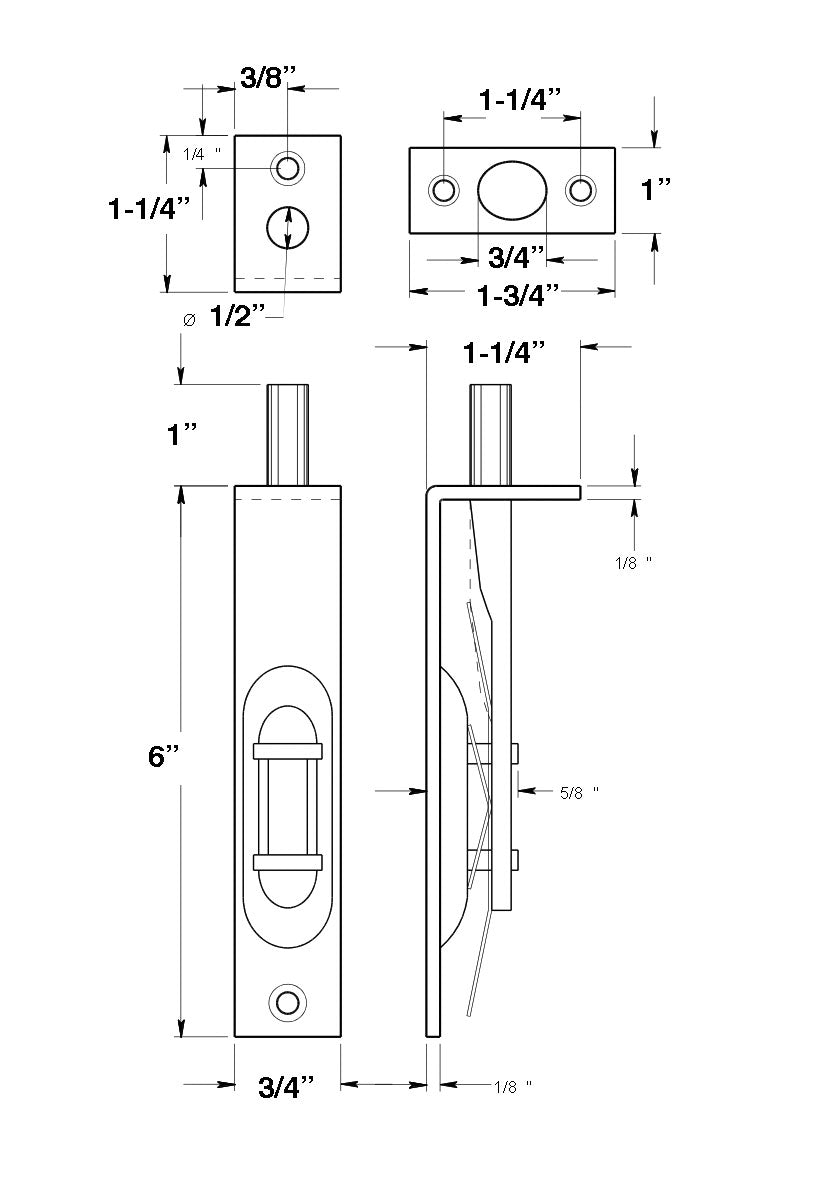 Flush Bolt, Mortise Lever, 6 Inch Square face - Polished Brass - Flush Bolt, Mortise Lever, 6 Inch Square face - Polished Brass