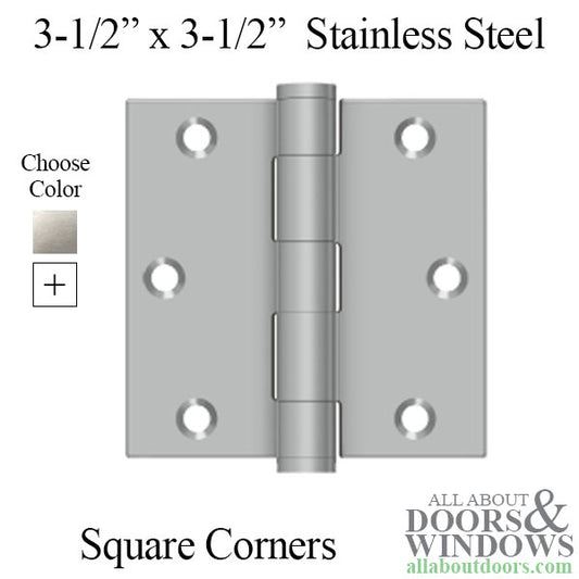 3.5 x 3.5 inch, Square Corners, Residential Hinges, Stainless Steel, Pair, Choose Finish