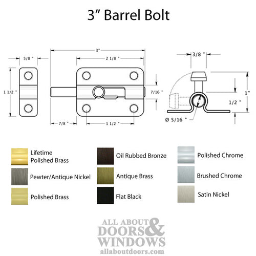 3'' Barrel Bolt, Solid Brass - Choose Finish - 3'' Barrel Bolt, Solid Brass - Choose Finish