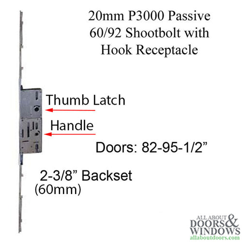 20mm P3000 Passive 60/92 Shootbolt with Hook Receptacle, Doors 82 - 95.5 - 20mm P3000 Passive 60/92 Shootbolt with Hook Receptacle, Doors 82 - 95.5