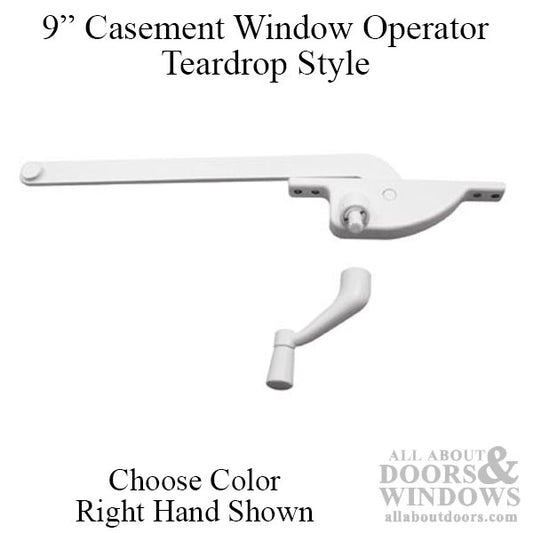 9 Inch Arm Steel Casement Window Operator, teardrop style, Right hand - Choose Color