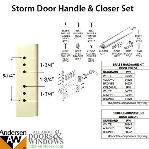 Andersen/ Emco Storm Door Hardware Kit - Brass  Knob Exterior, White Interior - Andersen/ Emco Storm Door Hardware Kit - Brass  Knob Exterior, White Interior