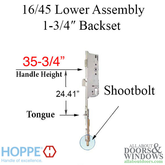 16mm 45/92 Shootbolt with tongue @ 24.41, 35-3/4" HH, 1" deadbolt