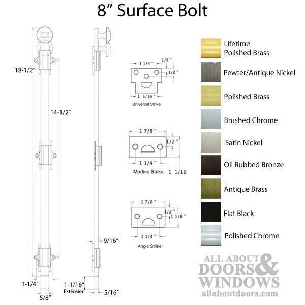 18'' Surface Bolt, Heavy Duty, Solid Brass - Choose Finish - 18'' Surface Bolt, Heavy Duty, Solid Brass - Choose Finish