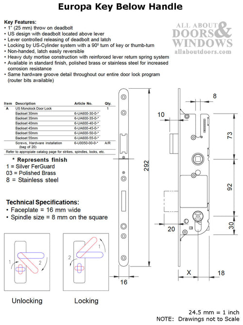 G-U Monolock 45/92 Single Door Lock, Key BELOW lever - Stainless Steel - G-U Monolock 45/92 Single Door Lock, Key BELOW lever - Stainless Steel