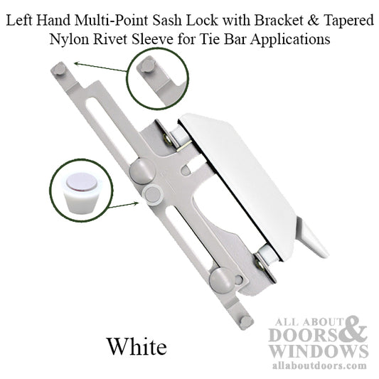 Left Hand Multi-Point Sash Lock with Bracket & Tapered Nylon Rivet Sleeve for Tie Bar Applications - White