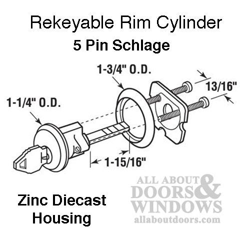 Rim Cylinder, 5 pin Schlage Tumbler, 2 Keys - US3 Polished Brass - Rim Cylinder, 5 pin Schlage Tumbler, 2 Keys - US3 Polished Brass