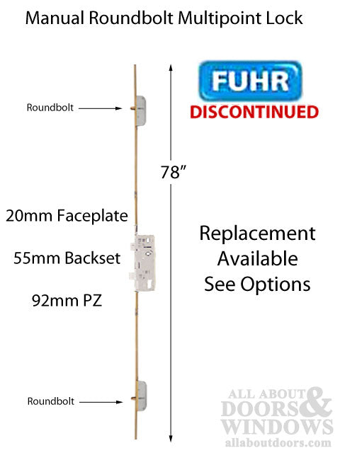 Fuhr 78 inch Roundbolt, 55mm backset, 20mm faceplate - Discontinued - See Replacement Options