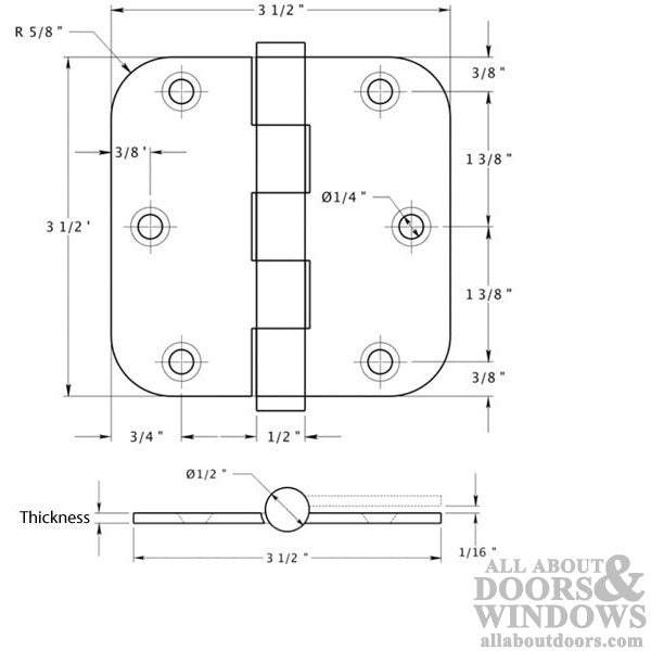 3.5 x 3.5 Inch Solid Brass Door Hinges 5/8 Inch Radius Pair Choose Color - 3.5 x 3.5 Inch Solid Brass Door Hinges 5/8 Inch Radius Pair Choose Color